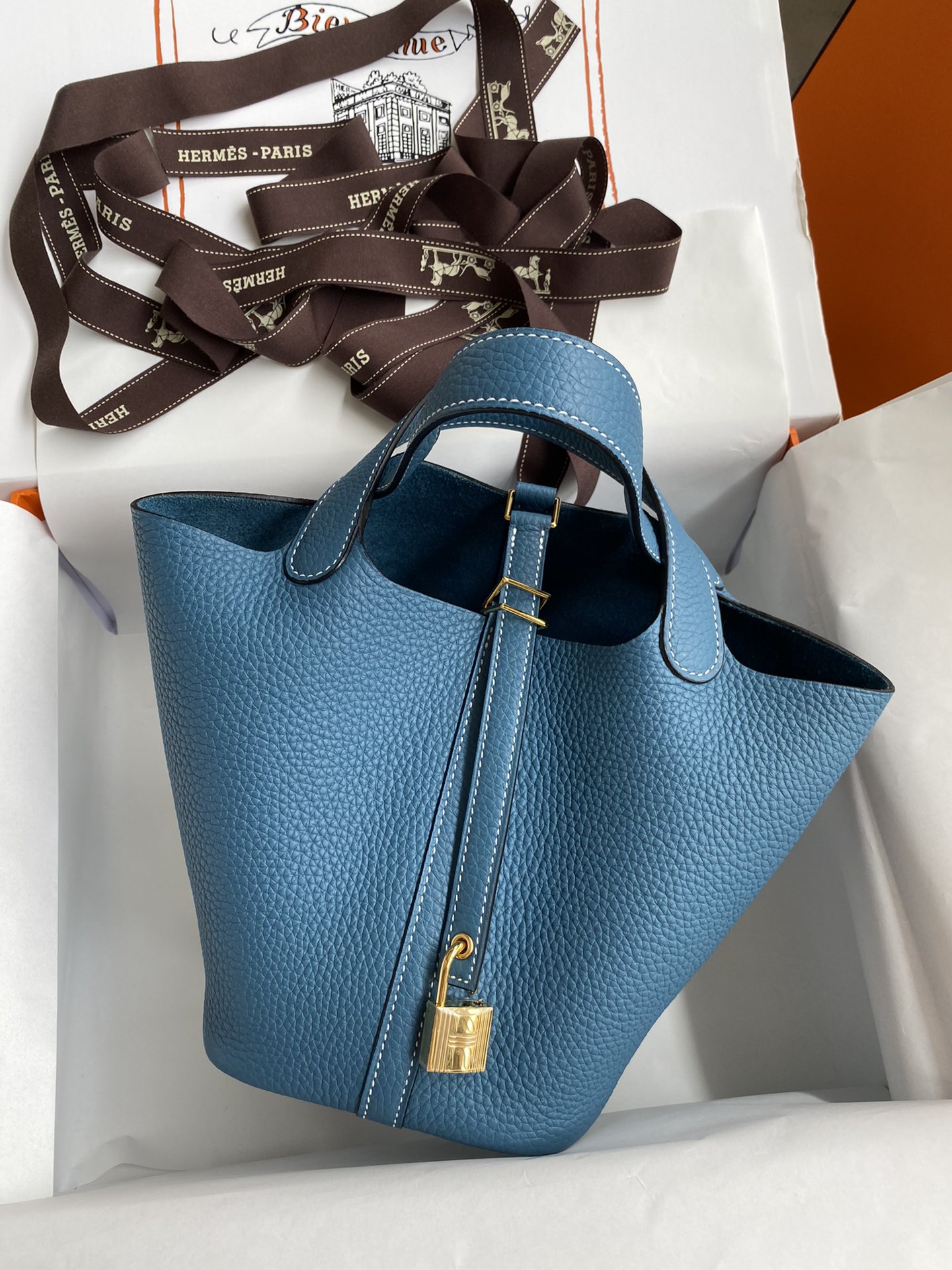 Hermes Picotin Lock 18 Bag In Blue Jean Clemence Leather